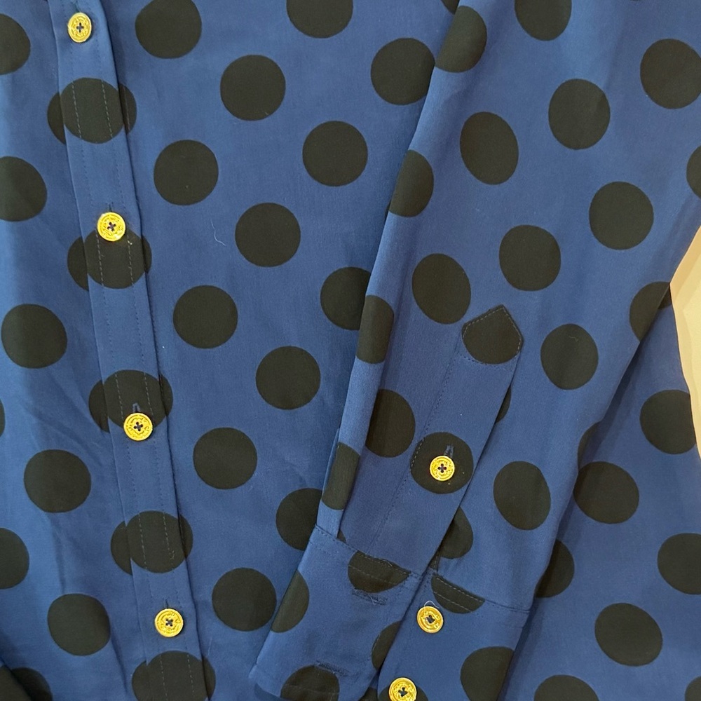 C Wonder 100% Silk Polka Dot Long Sleeve Button Down Blouse Blue Black XS - Picture 3 of 5